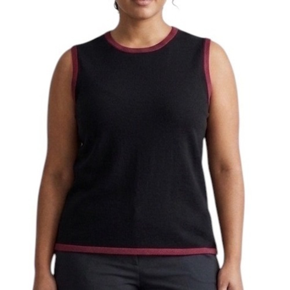 Kemp Collection Women XL Black Burgundy  Ringer Trim Classic Knit Sleeveless Top